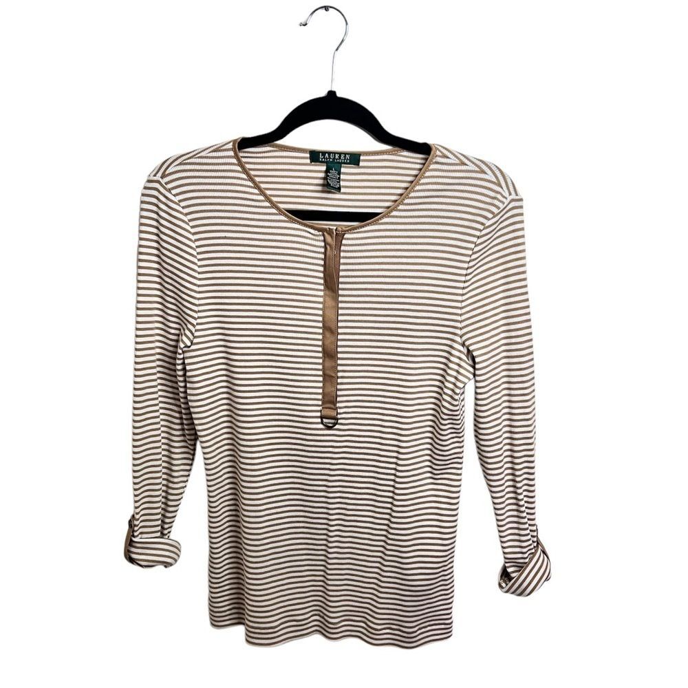 𝅺LAUREN Ralph Lauren Henley Tab Sleeves Gold White Striped Top Pullover Sz L